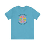 Kind People Are My People unisex premium soft tee in turquoise with floral peace sign design.