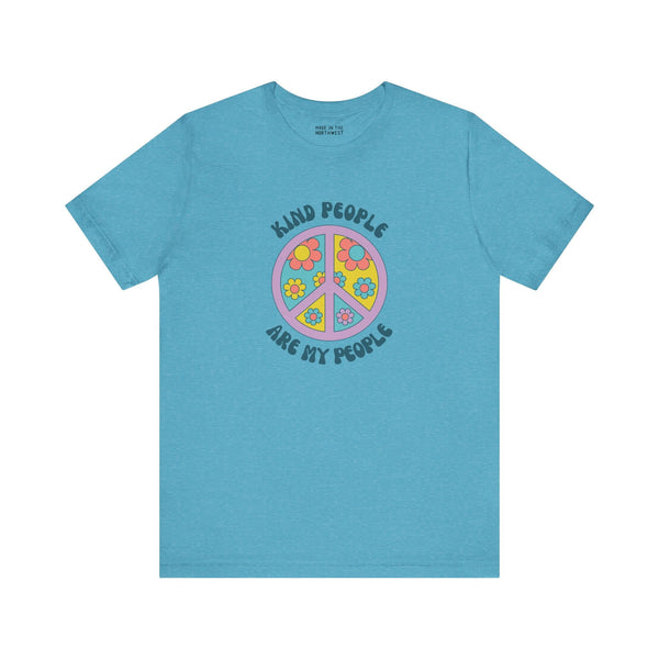 Kind People Are My People unisex premium soft tee in turquoise with floral peace sign design.