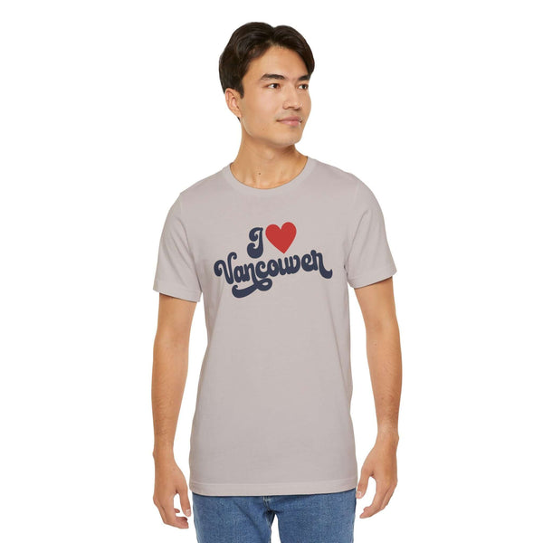 I love Vancouver t shirt on a model showcasing the cursive design and soft fabric, perfect for your Washington pride.