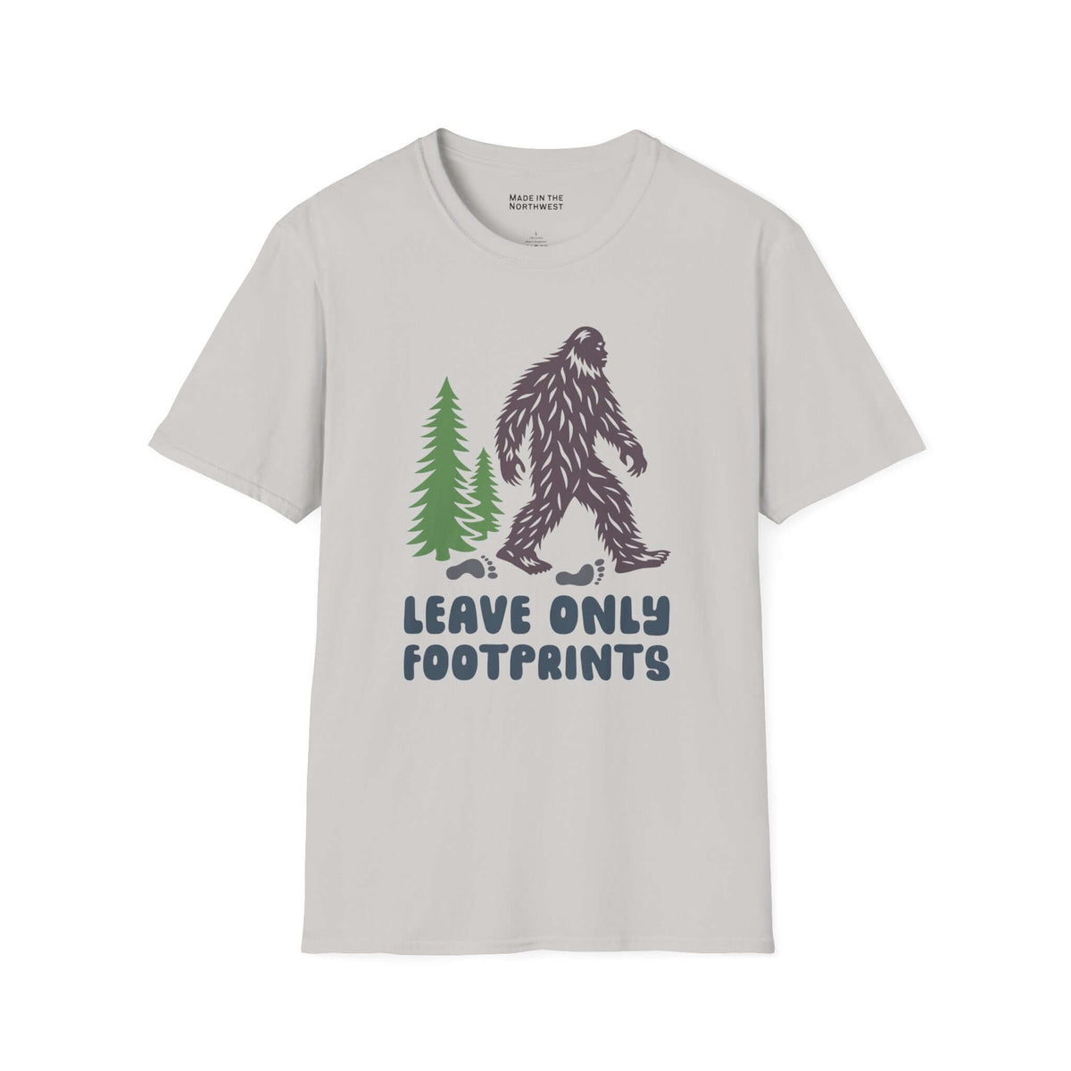 Leave Only Footprints T Shirt featuring a Sasquatch and evergreen trees on a light background.