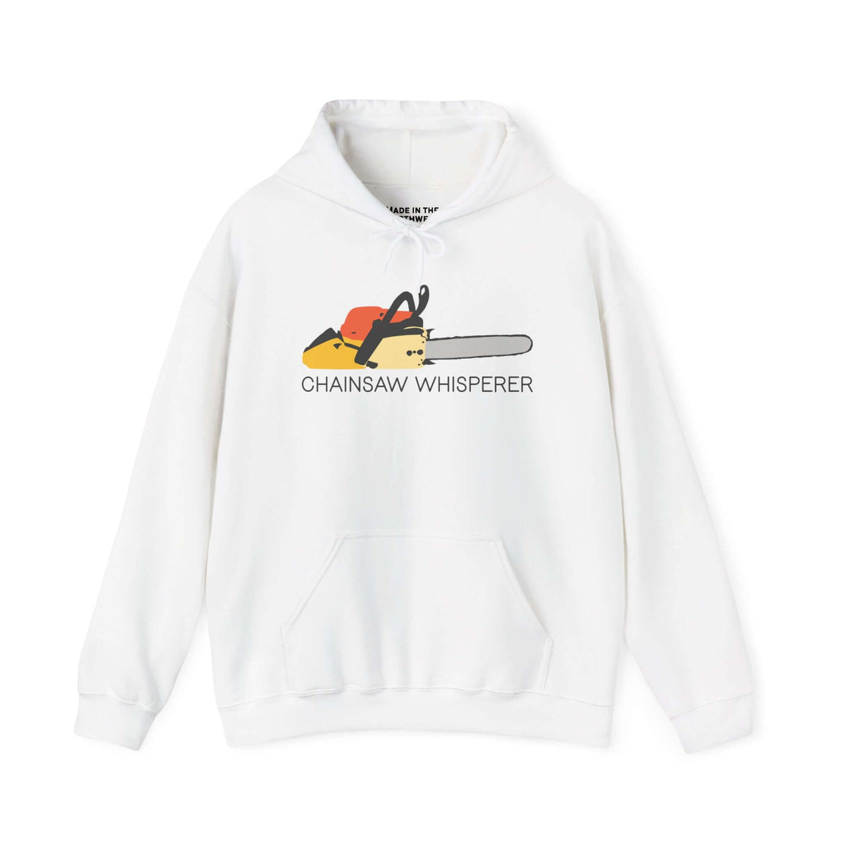Chainsaw Whisperer Hoodie featuring a graphic chainsaw on a white background.