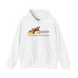 Chainsaw Whisperer Hoodie featuring a graphic chainsaw on a white background.