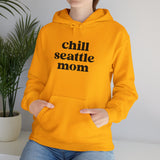 Bright yellow Chill Seattle Mom hoodie worn by a relaxed woman, perfect for stylish comfort in any weather.