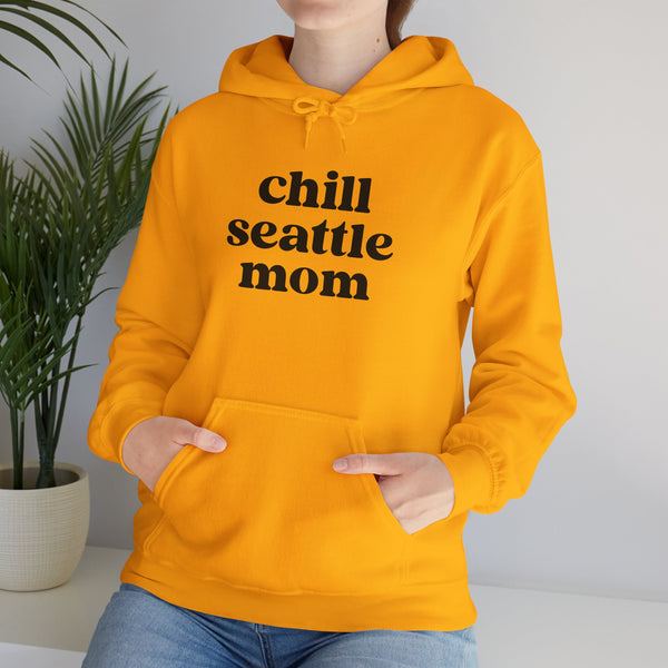 Bright yellow Chill Seattle Mom hoodie worn by a relaxed woman, perfect for stylish comfort in any weather.