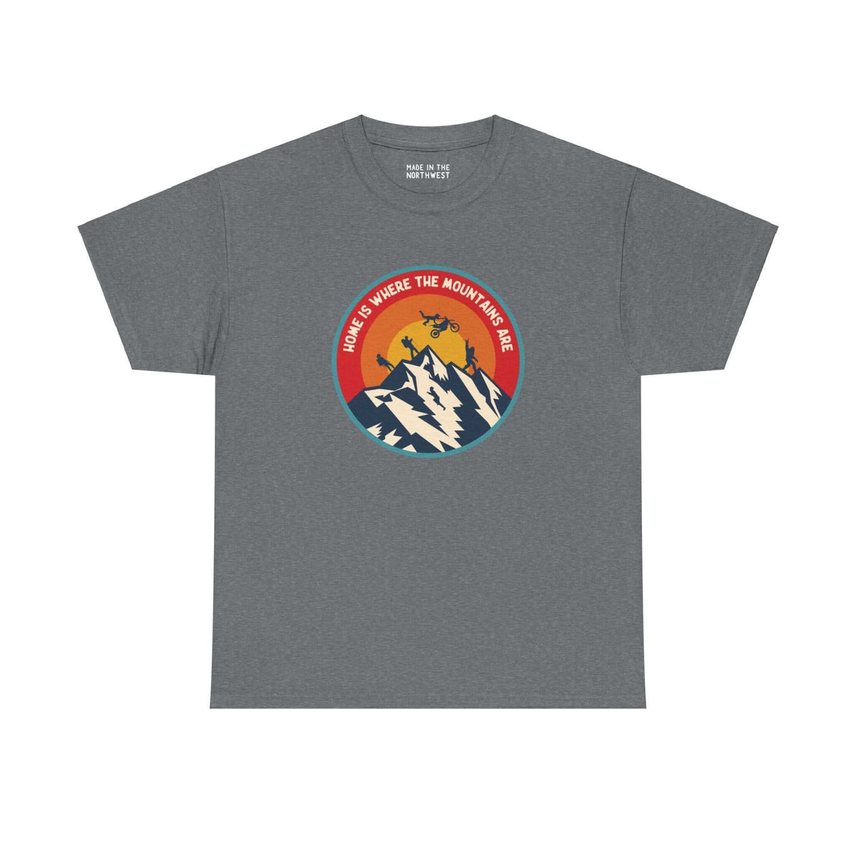 "Home is Where the Mountains Are tee with PNW design featuring hiking, motocross, and Bigfoot on a vibrant circle, gray athletic shirt"