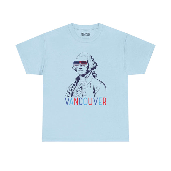 George Vancouver athletic tee with USA sunglasses, Vancouver text in patriotic colors, perfect for Fourth of July celebrations.