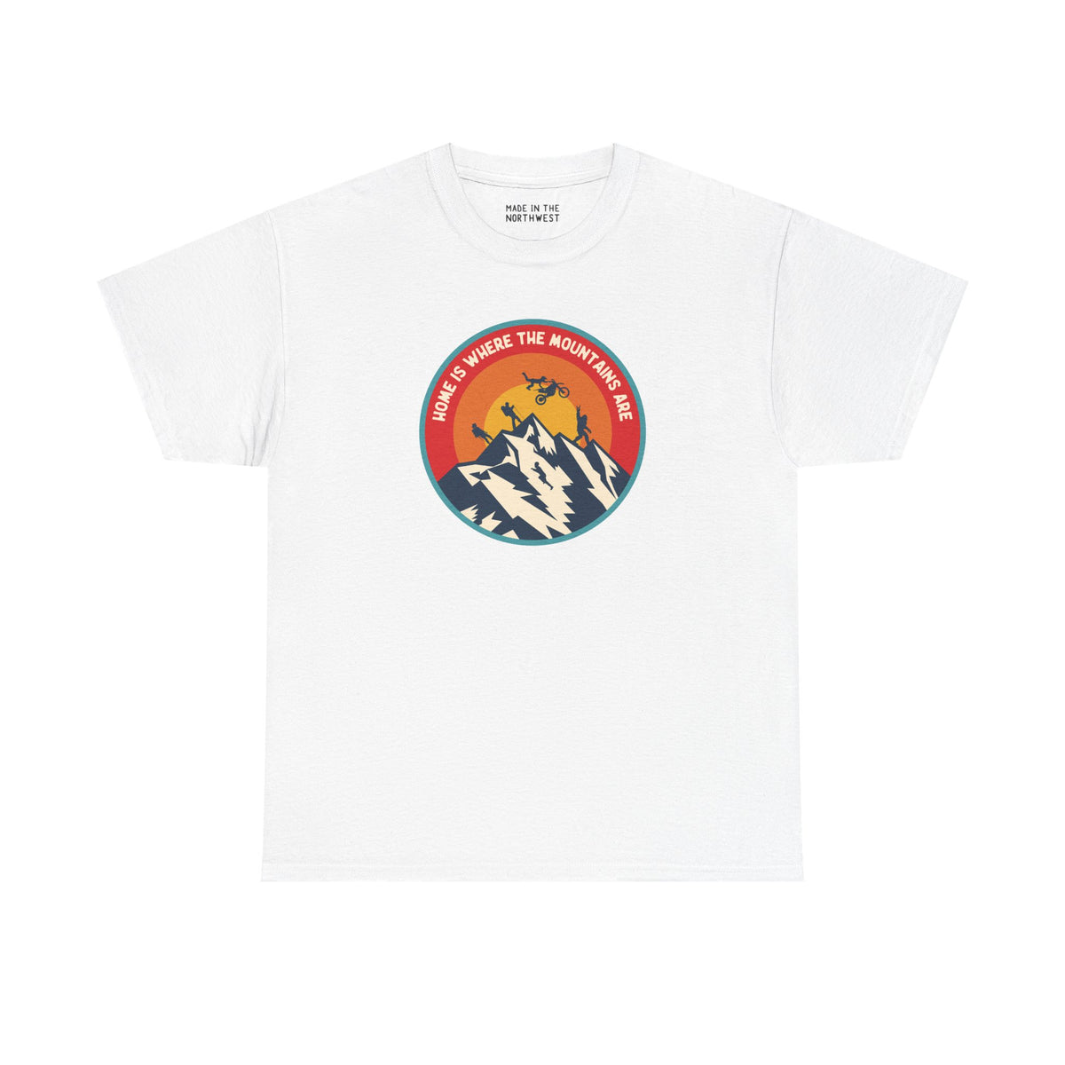 White athletic tee with 'Home is Where the Mountains Are' graphic showcasing mountains and outdoor activities.