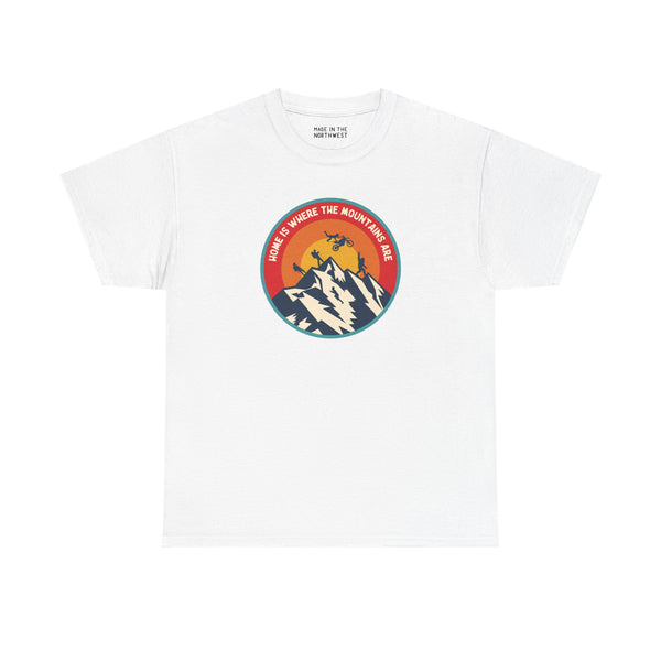 White athletic tee with 'Home is Where the Mountains Are' graphic showcasing mountains and outdoor activities.