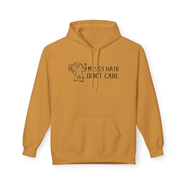 Messy Hair Don't Care Hoodie in golden color featuring playful Sasquatch design.
