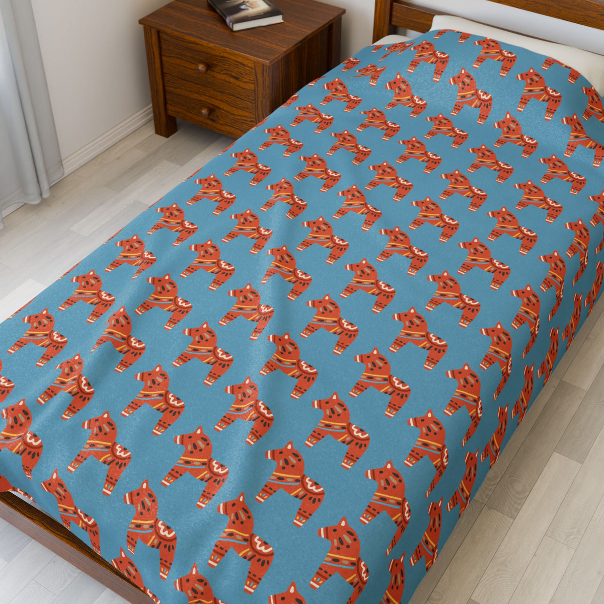 Dala Horse Blanket – Scandi Spirit Lightweight Cozy Throw featuring colorful Dala horse pattern on a blue background.