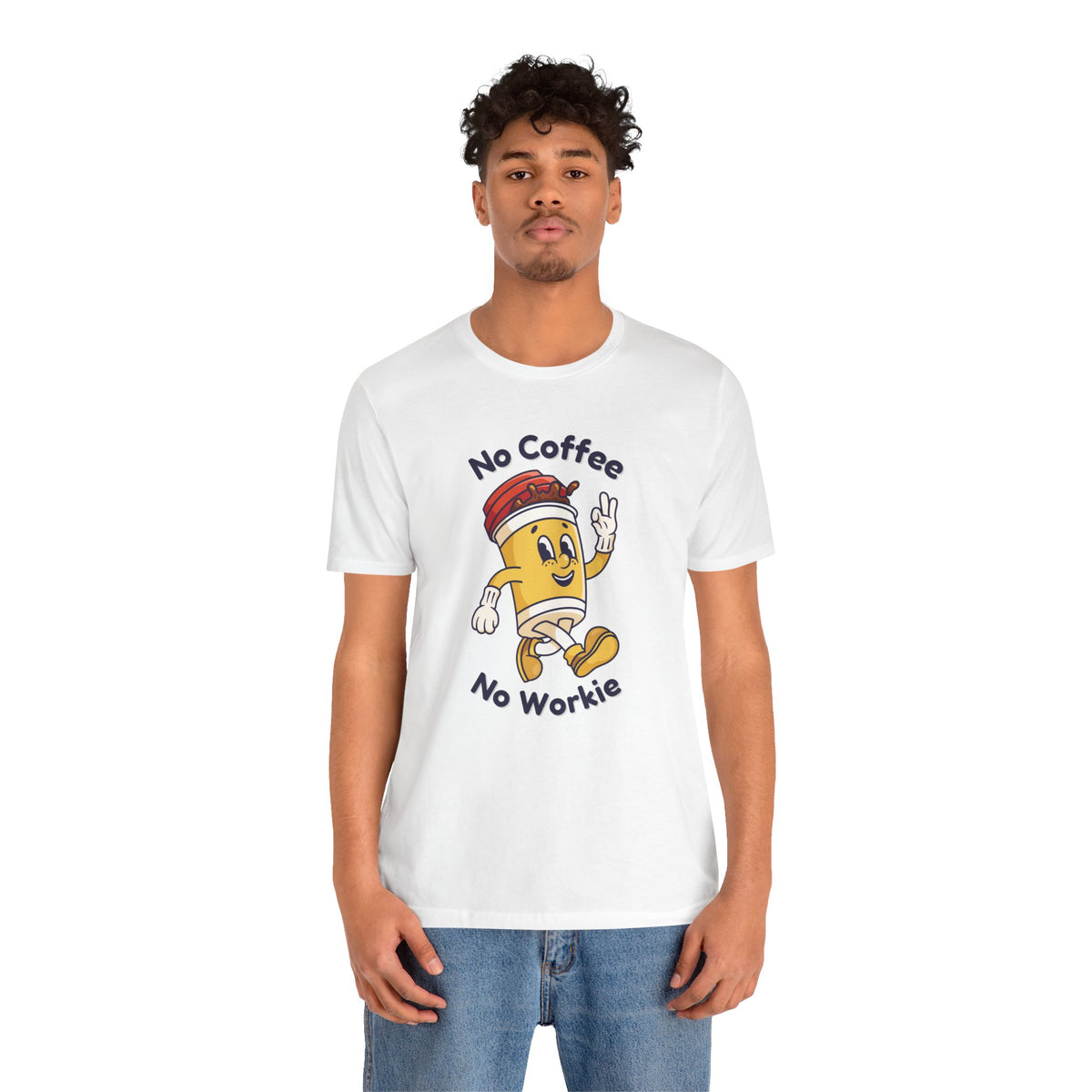 Men's No Coffee No Workie premium soft tee featuring a playful coffee cup design.