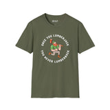 Once You Lumberjack vintage style t-shirt featuring a cartoon lumberjack and humorous slogan.