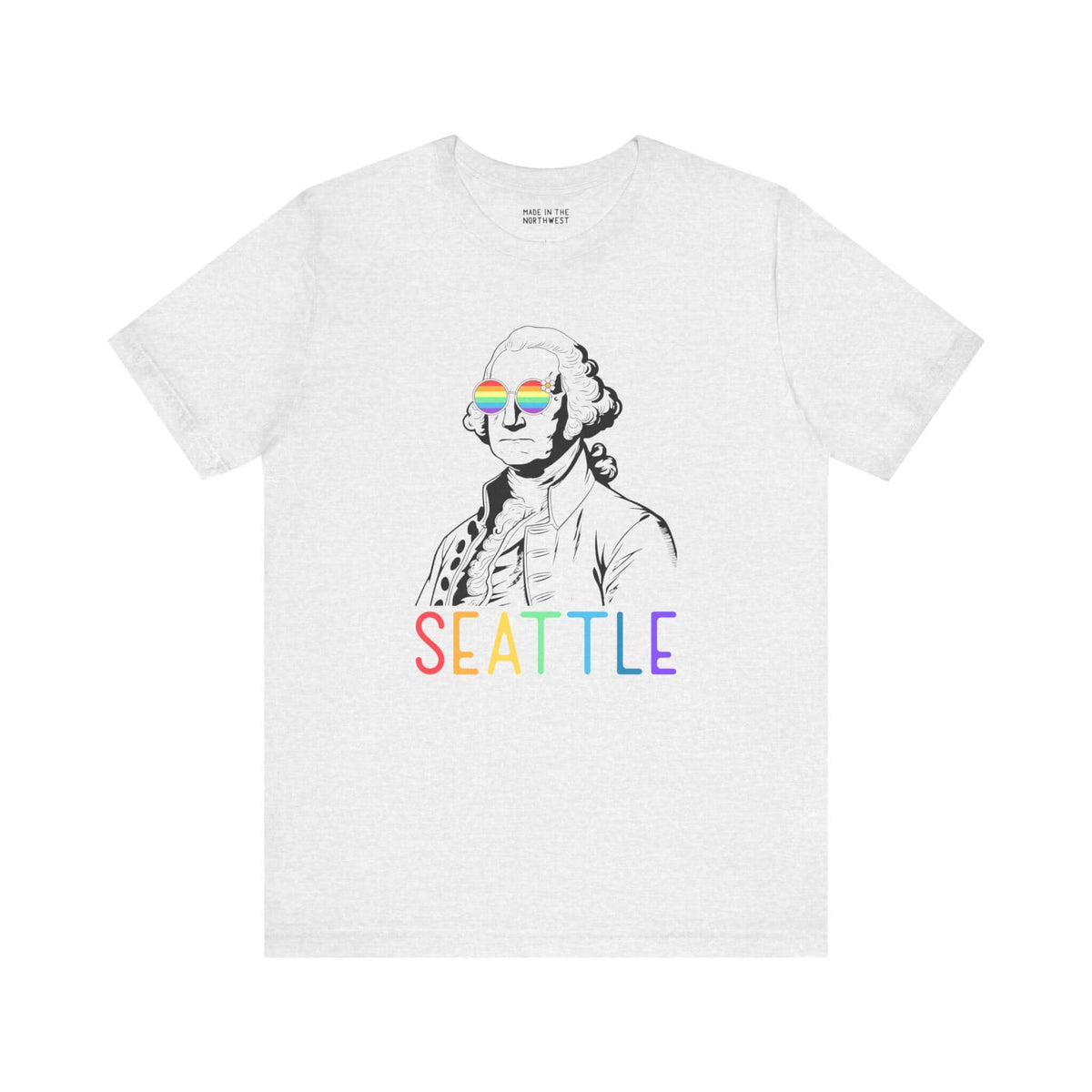 Seattle Pride tee featuring George Washington in rainbow glasses, vibrant "Seattle" text, promoting love and inclusivity.