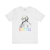 Seattle Pride tee featuring George Washington in rainbow glasses, vibrant 