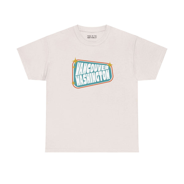 Retro Vancouver sign tee with 50s-inspired design, bold colors, celebrating vintage style and nostalgia.