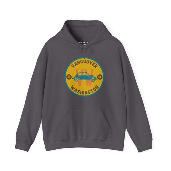 Grey hoodie with Vancouver VW Classics Beetle design featuring a colorful Volkswagen Beetle and text "Vancouver Washington".