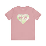 PNW Explorer's Heart Premium Soft Tee in pink with topo map heart design, perfect for Pacific Northwest adventurers.