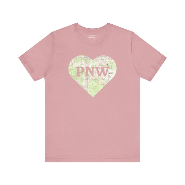PNW Explorer's Heart Premium Soft Tee in pink with topo map heart design, perfect for Pacific Northwest adventurers.