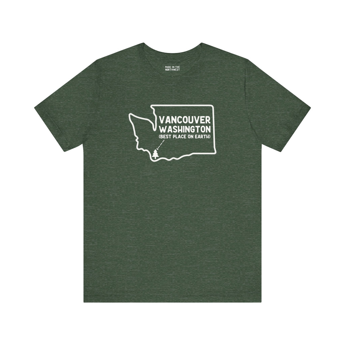 Vancouver Washington premium soft tee featuring a state outline design and 'Best Place on Earth' text.
