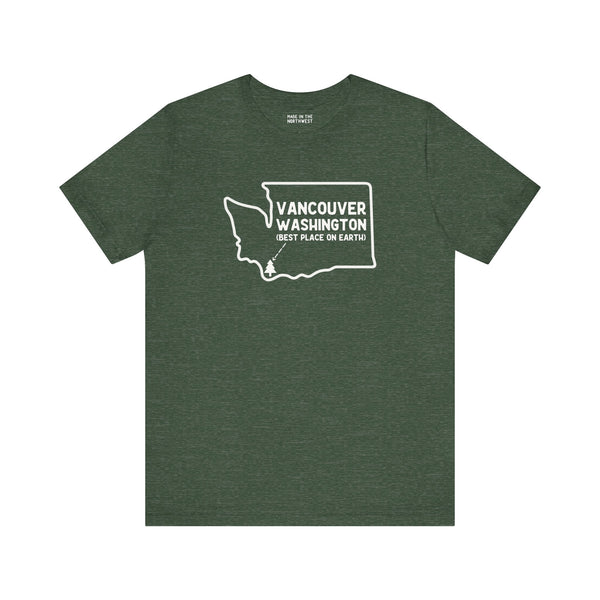 Vancouver Washington premium soft tee featuring a state outline design and 'Best Place on Earth' text.