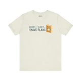 Sorry I Can't I Have Plans premium soft tee for camping and book lovers, featuring a fun design with a book and nature.