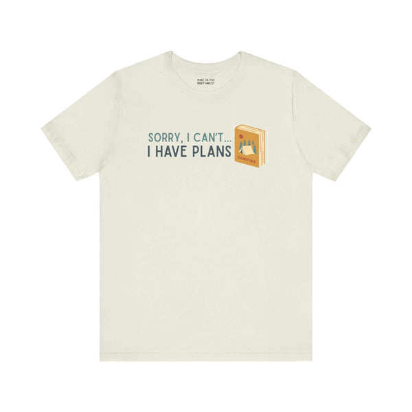 Sorry I Can't I Have Plans premium soft tee for camping and book lovers, featuring a fun design with a book and nature.