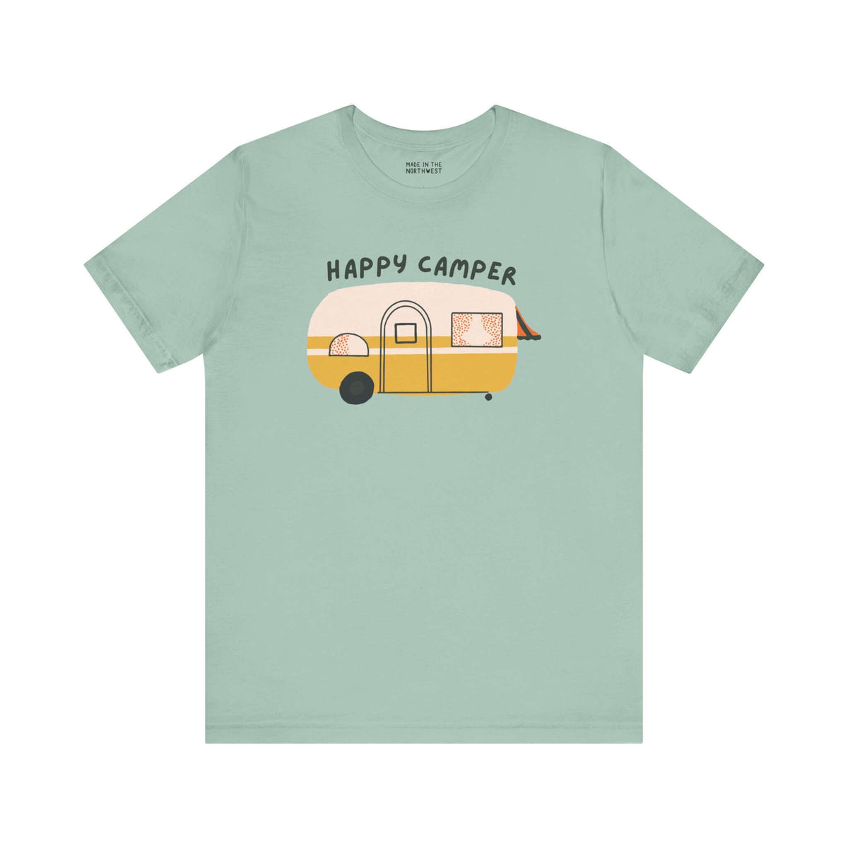 Happy Camper Adventure Premium Soft Tee featuring a cute vintage camper design on a mint green shirt.