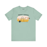 Happy Camper Adventure Premium Soft Tee featuring a cute vintage camper design on a mint green shirt.