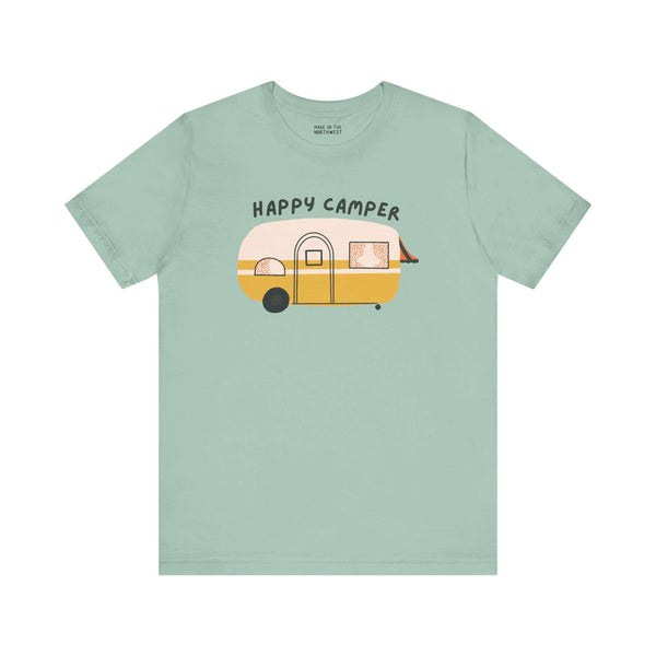 Happy Camper Adventure Premium Soft Tee featuring a cute vintage camper design on a mint green shirt.