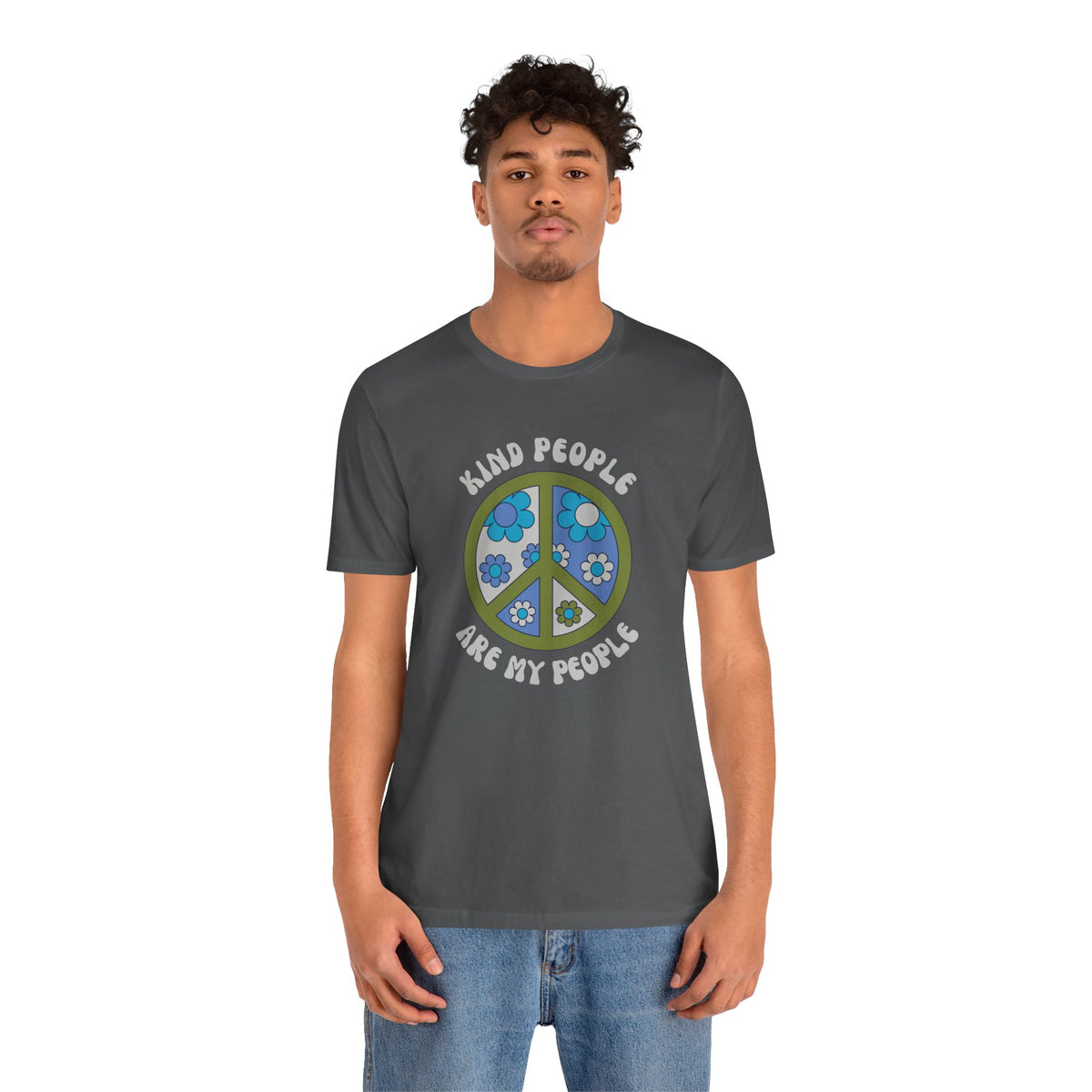 Kind People Are My People premium soft tee with a floral peace sign, promoting positivity and good vibes.