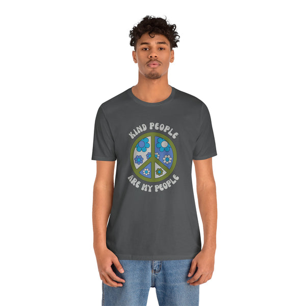 Kind People Are My People premium soft tee with a floral peace sign, promoting positivity and good vibes.