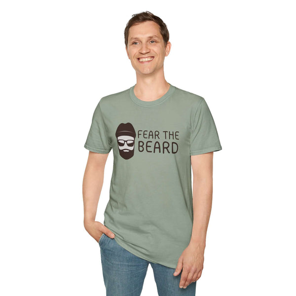 Man wearing Fear the Beard Lumberjack Softstyle T-Shirt in green, showcasing a fun beard design.