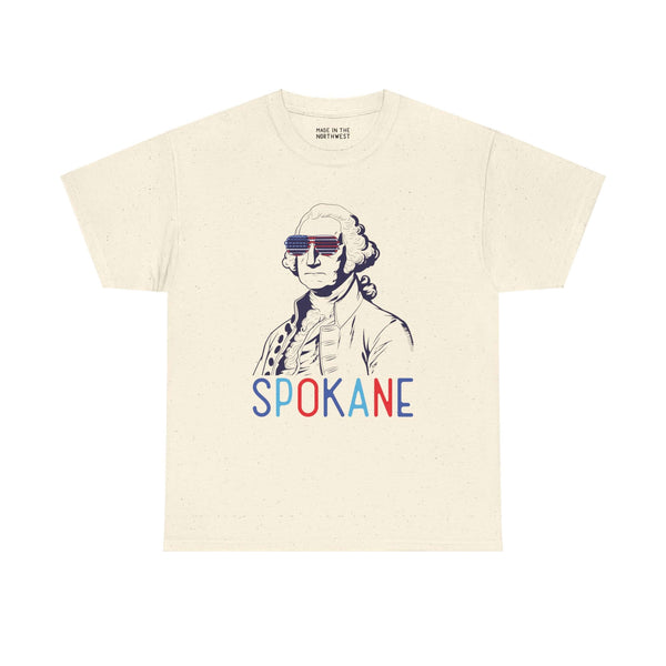 Spokane patriotic tee featuring George Washington with USA sunglasses, celebrating Fourth of July and Inland Northwest pride.