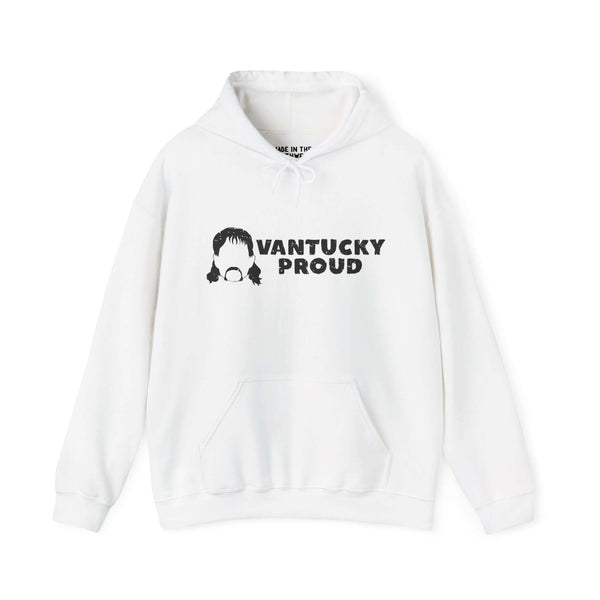 White Vantucky Proud hoodie with Rusty McCoy graphic and text design, showcasing gritty pride and resilience.