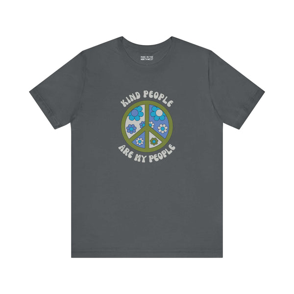 Unisex premium soft tee featuring a floral peace sign and the text 'Kind People Are My People' for good vibes.