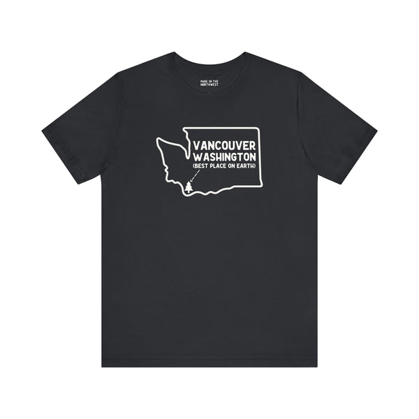 Black tee featuring outline of Washington and text "Vancouver Washington Best Place on Earth".