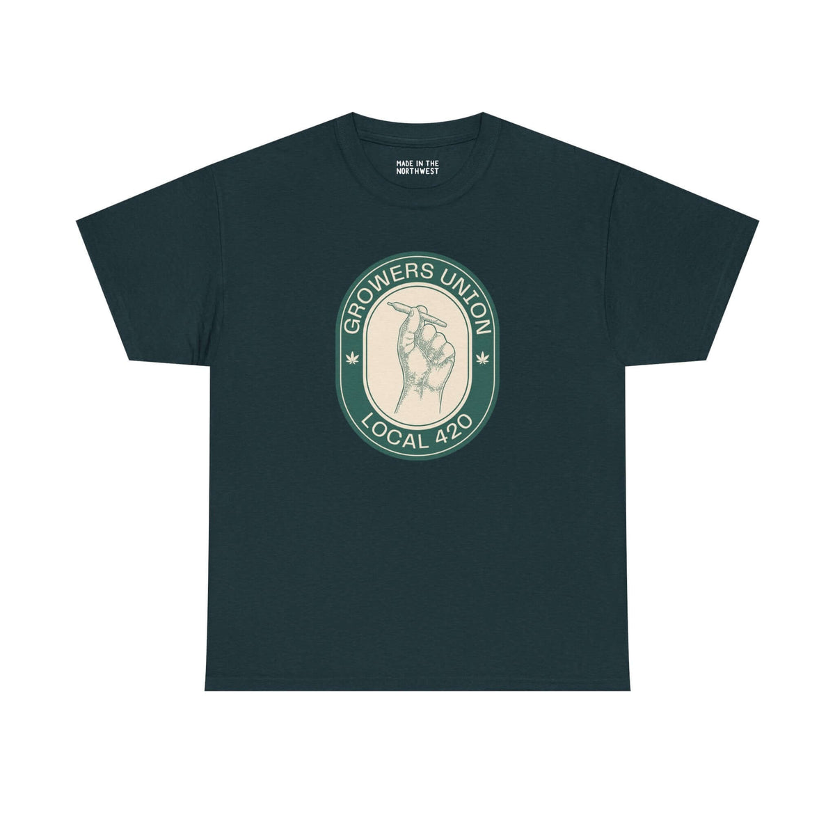 Grower's Union Local 420 athletic tee featuring a hand holding a joint design, ideal for cannabis culture enthusiasts.