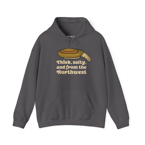 Thick and salty Northwest geoduck clam hoodie with bold graphic and humorous text.