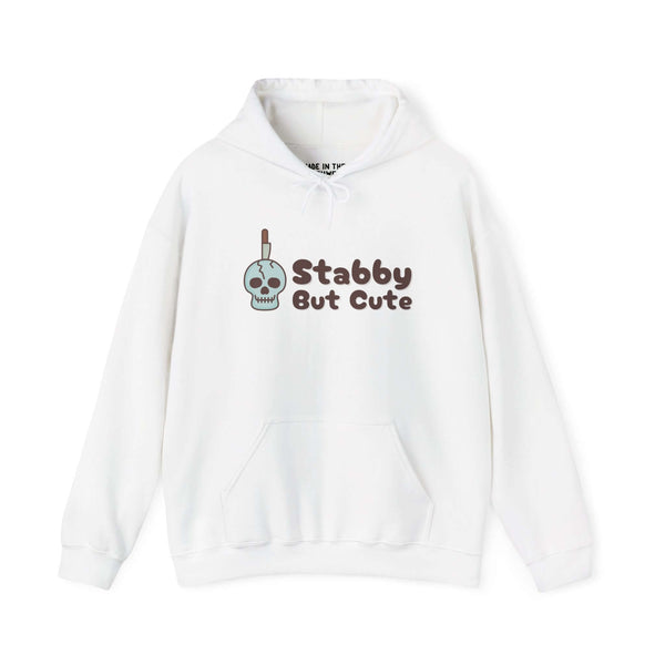 White hoodie featuring a skull and the phrase 'Stabby But Cute', perfect for true crime fans and sassy style.
