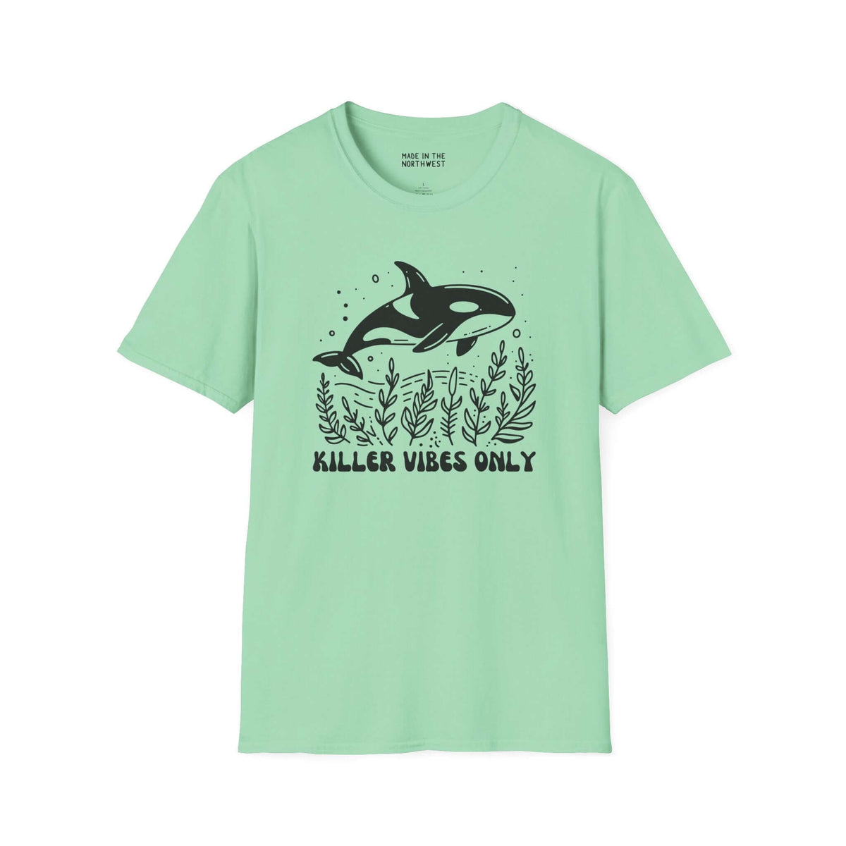Killer Vibes Only orca whale graphic softstyle t-shirt in mint green, perfect for ocean lovers.