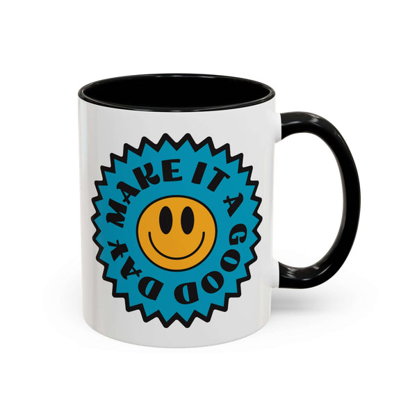 Make It a Good Day Mug with bold teal starburst and smiley face design, ideal for bright mornings.