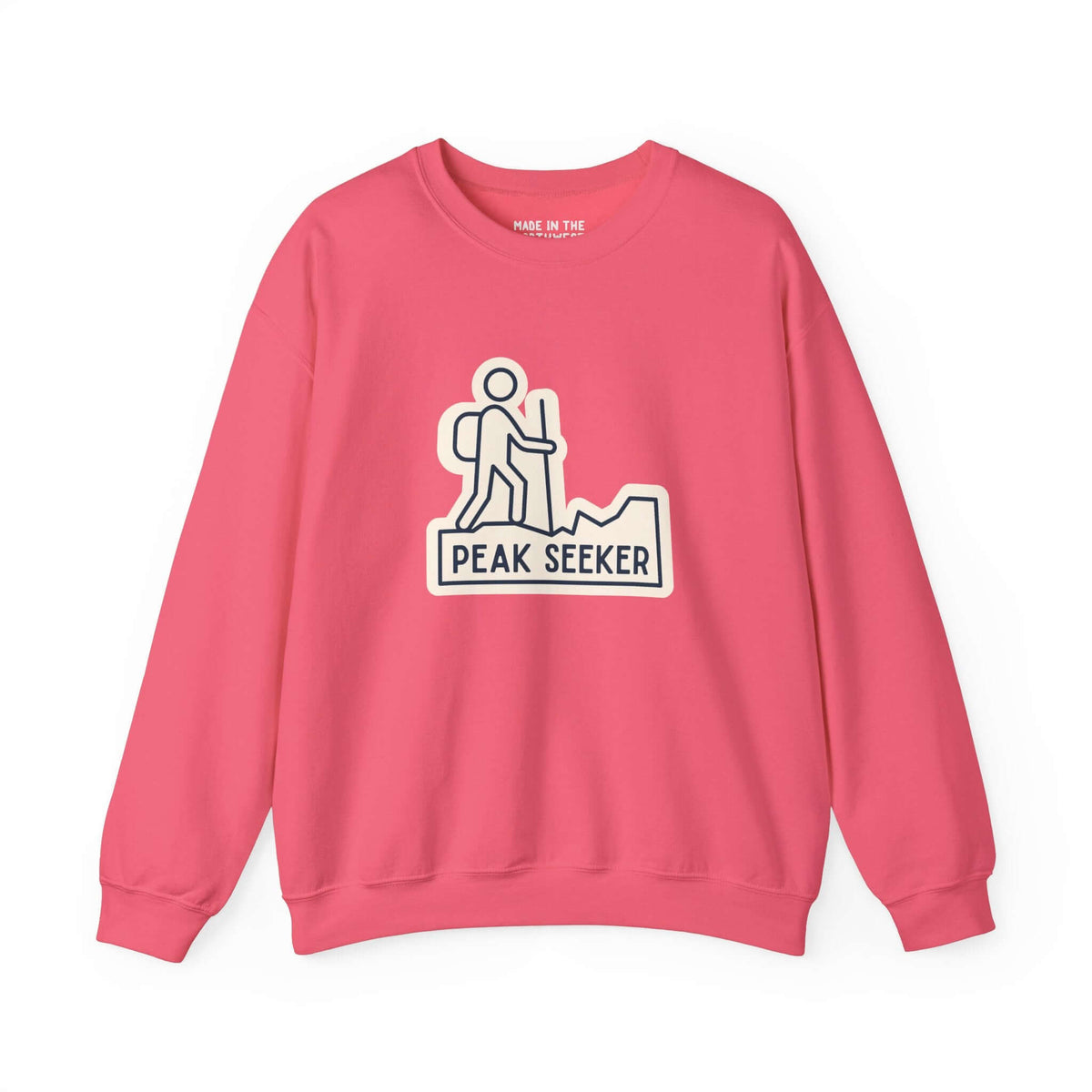 Pink Peak Seekers sweatshirt featuring a hiker graphic, perfect for outdoor lovers and mountain adventurers.