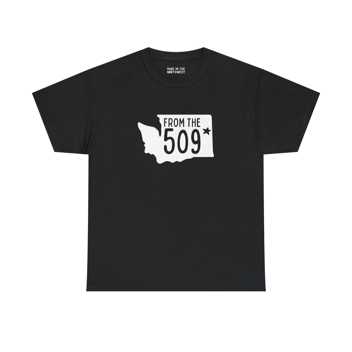 Black athletic tee featuring Washington state shape and 'From the 509' text, representing Eastern Washington pride.