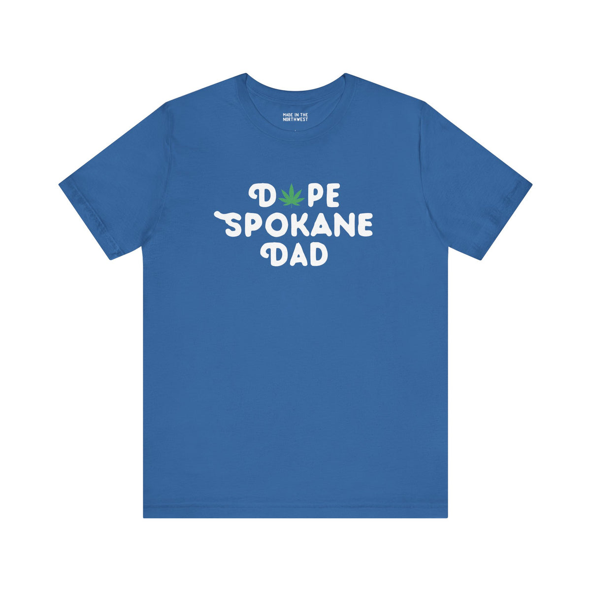 Dope Spokane Dad premium soft tee featuring a playful marijuana leaf in bold lettering, perfect for cool dads.