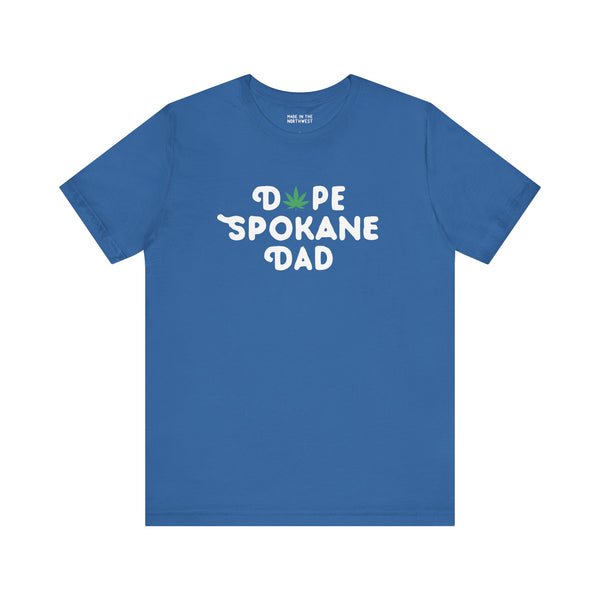 Dope Spokane Dad premium soft tee featuring a playful marijuana leaf in bold lettering, perfect for cool dads.