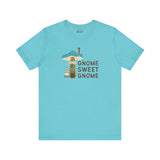 Gnome Sweet Gnome Premium Soft Tee featuring a gnome and mushroom design on a turquoise shirt.