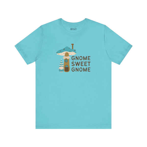 Gnome Sweet Gnome Premium Soft Tee featuring a gnome and mushroom design on a turquoise shirt.
