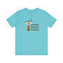 Gnome Sweet Gnome Premium Soft Tee featuring a gnome and mushroom design on a turquoise shirt.