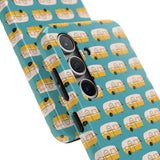 Happy Camper phone case featuring cute vintage campers on a teal background, perfect for adventure lovers.