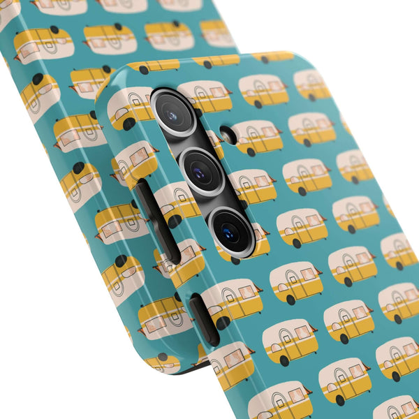Happy Camper phone case featuring cute vintage campers on a teal background, perfect for adventure lovers.